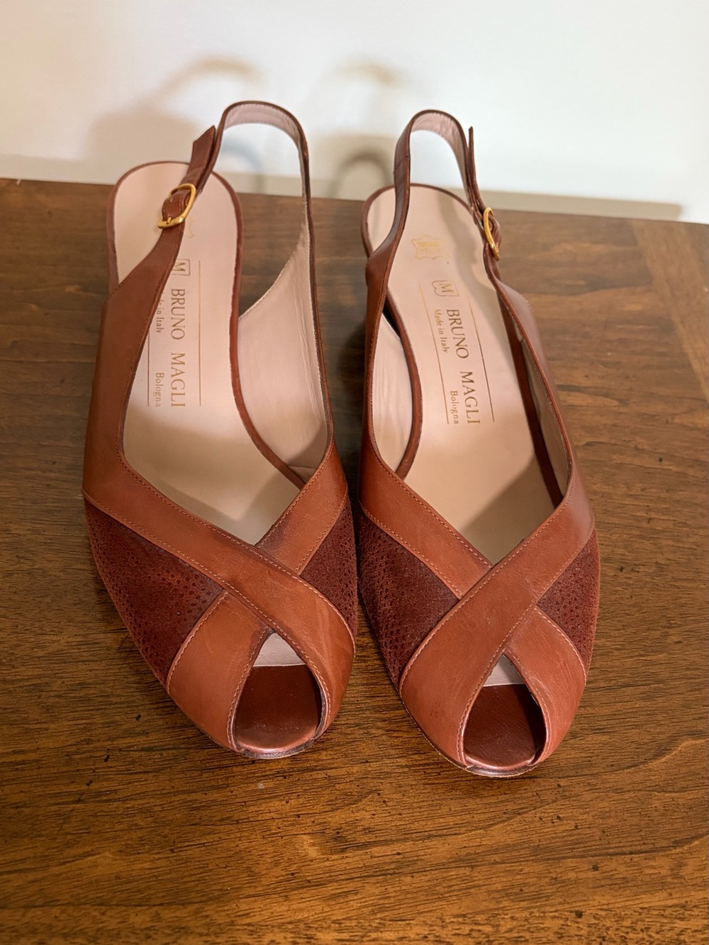 Bruno Magli Tan and Brown Leather Suede Slingback Peep-Toe Flats